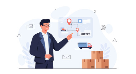 Obraz premium Man pointing at supply chain map with trucks, boxes, and logistics icons, modern flat illustration.