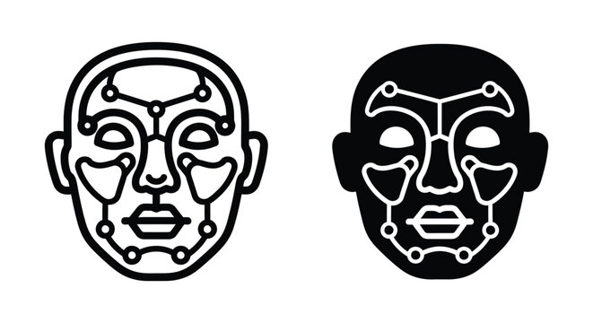Biometric facial recognition icons face scanning technology, digital identity, face id, cyber security concept outline and glyph set isolated on white background