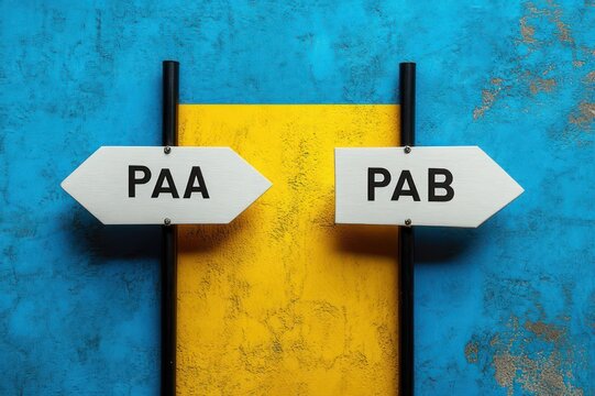 Two white directional arrow signs labeled PAA and PAB on black posts against a textured blue wall with a central yellow panel, conveying a sense of decision and dilemma