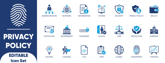 Fototapeta premium Privacy policy icon set. certificate, administration, condition, law, contract, management, policy, global, and solid icons. 