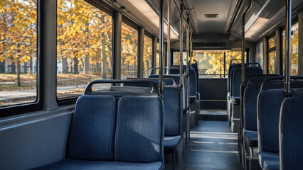 Fototapeta premium Empty city bus interior with autumn trees outside