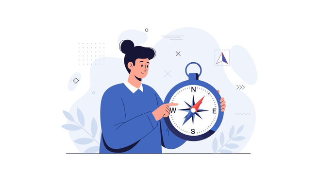 Person holding a compass, symbolizing navigation, direction, and finding the way forward. Modern flat illustration.