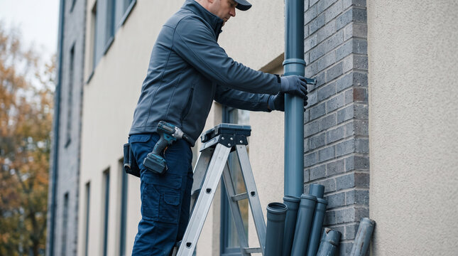 Plumber installing rain gutter downpipe outdoors