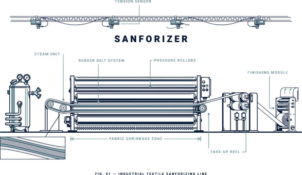 Sanforizer Textile Finishing Machine Technical Diagram with Labeled Parts Blueprint Style Vector Illustration