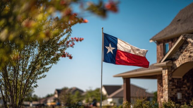 Texas flag waving in front of a house during a sunny day in a suburban neighborhood
