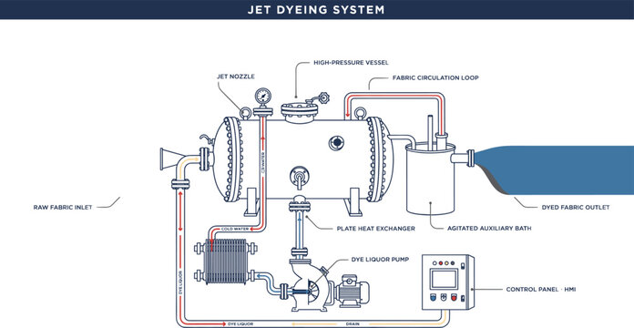 Industrial Dyeing System Diagram with Pressure Vessel Pump and Control Panel Technical Vector Illustration