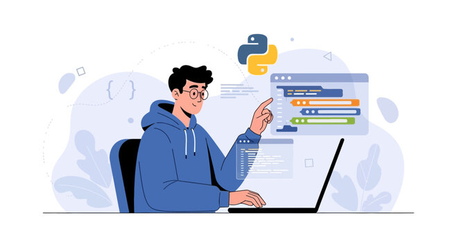 Programmer coding in Python on a laptop, modern flat illustration with abstract elements