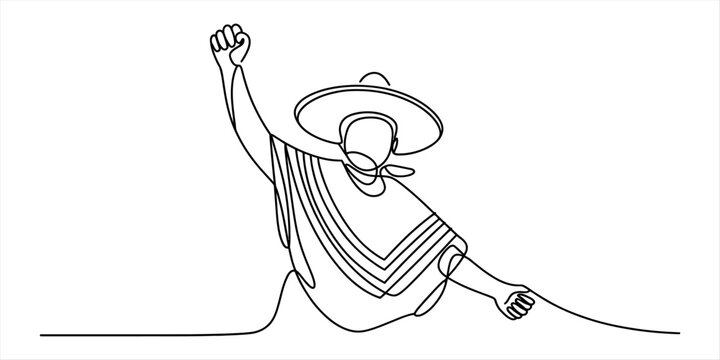 Continuous one line drawing of a happy mexican man wearing a traditional sombrero hat and poncho celebrating with arms raised in a festive mood