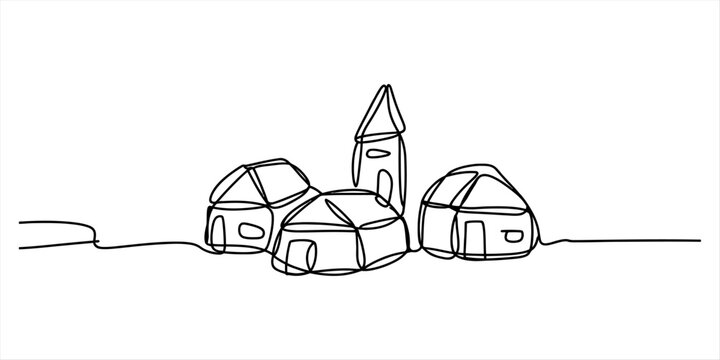 Continuous single line drawing of a small village with houses and a church tower