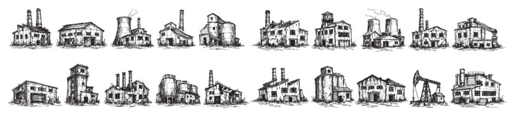 Obraz premium Collection of hand-drawn industrial buildings and factories, featuring various structures with chimneys and silos, isolated on a white background