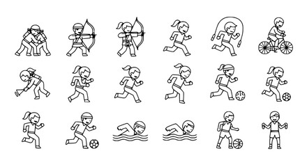 Fototapeta premium Diverse Sports Activities for Kids: Running, Cycling, Swimming, Archery, Football, Hockey, Jump Rope