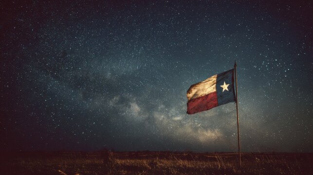 Starry night sky over Texas flag waving in the wind on a clear evening during the summer months in an open field