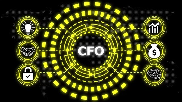 A glowing blue circular diagram with the word cfo in the center and six surrounding icons representing business concepts.