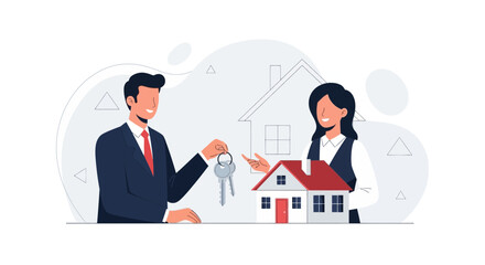 Naklejka premium Real Estate Agent Hands Over House Keys to New Homeowner, Representing Property Sale and Ownership Transfer