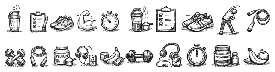 Fototapeta premium Various hand-drawn fitness and gym equipment icons, including dumbbells, protein, and sneakers, arranged neatly on a clean white background
