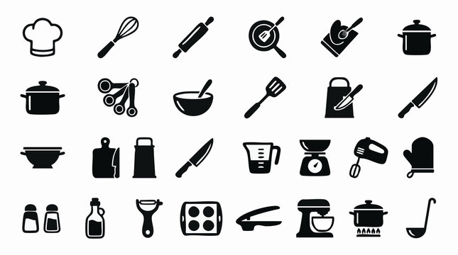Kitchen Utensils and Cooking Equipment Silhouette Icons Set