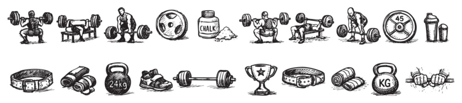 Hand-drawn black and white sketch collection of various powerlifting and weight training equipment and exercises on a clean white background