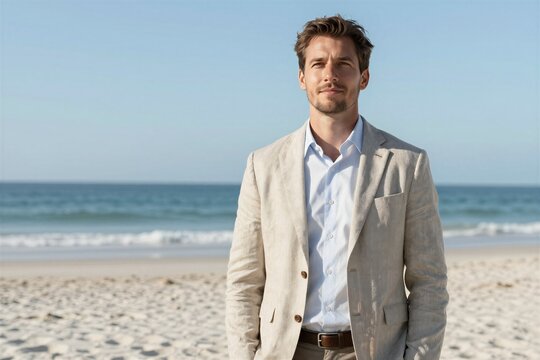 Man Standing On Beach With Ocean In Background Clear Blue Sky To Middle Aged Short Cropped Hair Styled Upwards Giving Somewhat Tousled