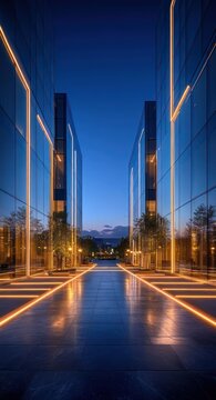 Symmetrical modern glass buildings flanking an illuminated reflective walkway at dusk with warm linear lights, small trees and a serene futuristic evening atmosphere