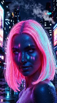 A captivating character emerges from the neon-lit urban landscape, showcasing vibrant pink hair and luminescent features amidst a futuristic cityscape drenched in rain.
