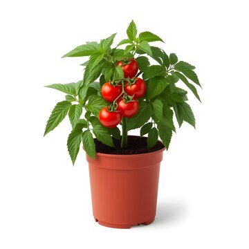 Fresh tomato plant with ripe red tomatoes in a terracotta pot on transparent background