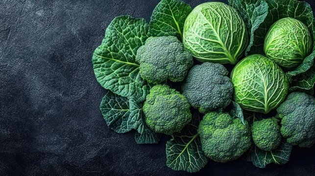 Fresh vibrant broccoli and savoy cabbages with textured green leaves on dark slate background, crisp and inviting
