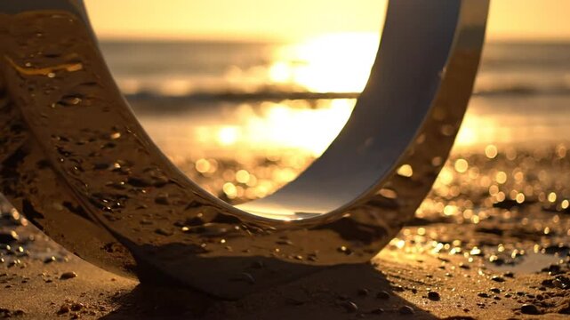Shiny metal arch sculpture on sandy beach at sunset, reflecting the golden light of the sun on the water