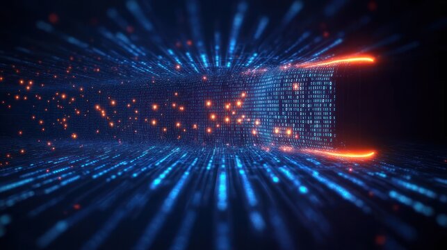 Futuristic glowing digital tunnel of blue binary code and orange light nodes streaming forward, energetic immersive high-speed data flow