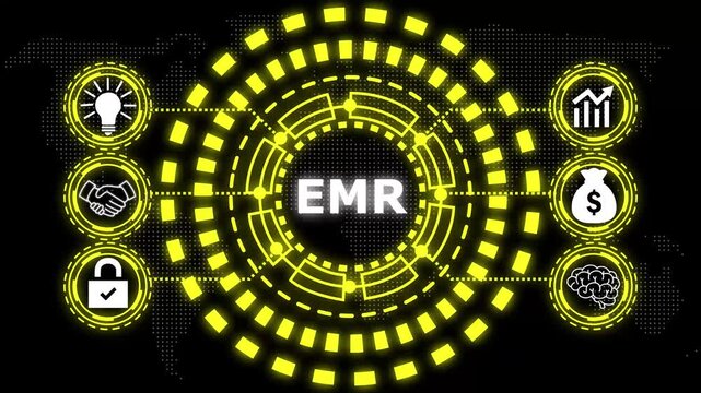 A glowing yellowcircular diagram with the word api in the center and six surrounding icons representing business concepts.