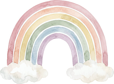 Soft pastel watercolor rainbow art with fluffy white cloud illustrations. Suitable for childrens book covers, nursery decor, or greeting cards.