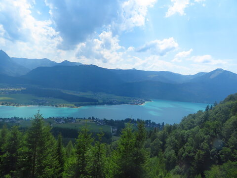 Schafberg Summit View Part 06 of 10 with Lake Mondsee, forest and Alps mountains Austria summer