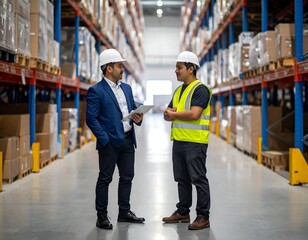 Obraz premium Two workers in a warehouse discussing documents