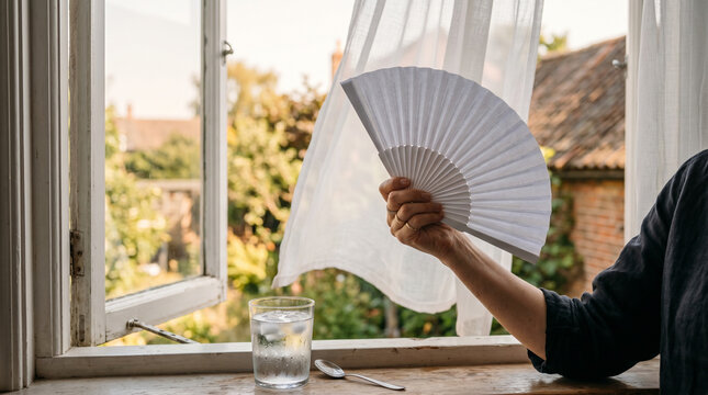 Woman hand holding paper fan by open window with glass of water and spoon for summer cooling background and lifestyle banner