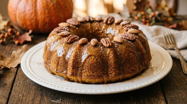 Delicious Autumn Pumpkin Bundt Cake with Caramel Glaze, Topped with Pecans and Almonds Served on a Rustic Wooden Table with Fall Leaves and Pumpkins