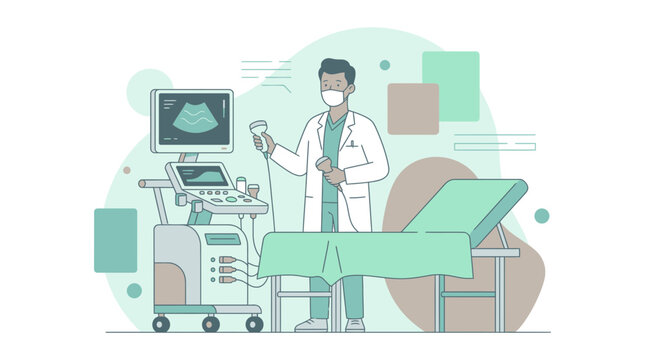 Male sonographer holding ultrasound probes next to a diagnostic machine and examination bed in a clinic, perfect for medical website design, healthcare blog posts and educational presentations