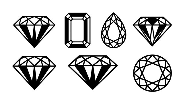 Set of black diamond and gemstone outline vector icons on white background, perfect for jewelry branding, luxury logo design and fashion graphics