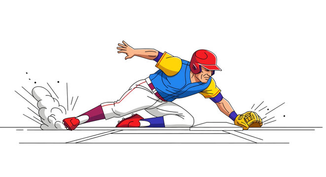 An illustration of a baseball player sliding headfirst into a base, kicking up dust on a white background.