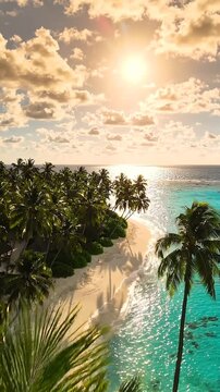 Breathtaking Tropical Landscape at Sunset Featuring Lush Palm Trees and Turquoise Waters Under a Golden Sky, Capturing Tranquility and Natural Beauty