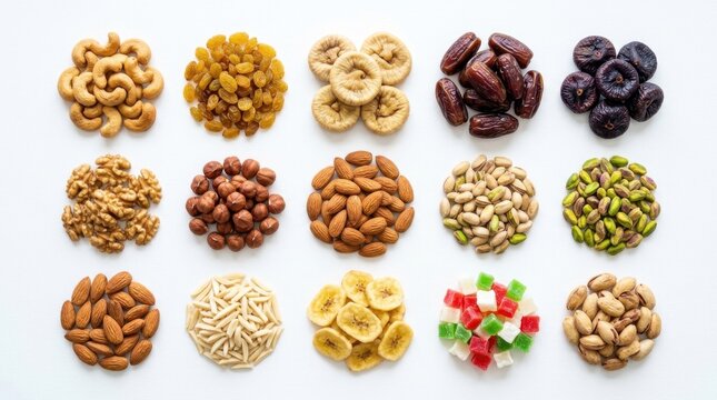 A vibrant and delicious assortment of healthy dried fruits and nuts artfully arranged in a flat lay composition.