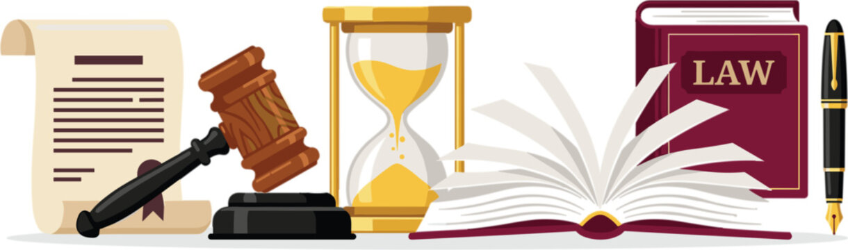 Law and justice concept vector illustration with judge gavel legal code book open textbook hourglass document scroll and pen