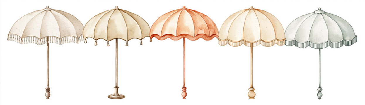 Five vintage parasols with lace trims in beige, cream, and orange shades are displayed in a row on a white background.