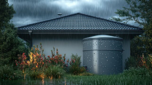 Rain-soaked suburban house with tiled roof and large cylindrical water tank, water droplets on the tank, colorful rain garden, wet grass and puddles under a moody overcast sky, calm atmosphere