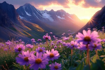 Obraz premium purple wildflowers carpeting an alpine meadow beneath sunlit snow-capped mountains at golden sunrise, serene and awe-inspiring
