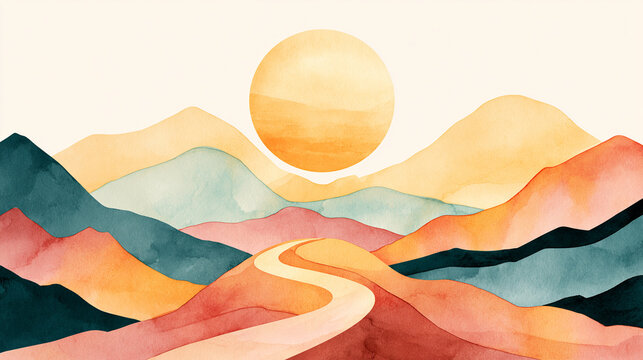 A vibrant watercolor painting of layered mountains with a winding path leading toward a large, warm sun in the sky.