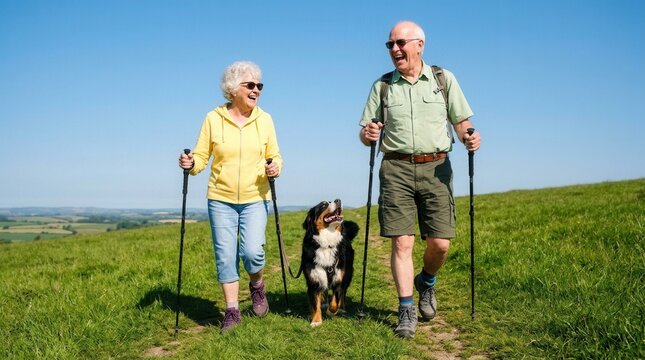 Happy senior couple enjoying active retirement hiking with a Bernese Mountain Dog on a scenic green hill path under a clear blue sky on a sunny summer day.