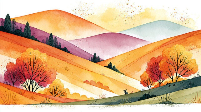 Vibrant watercolor landscape depicting rolling hills and autumn trees with warm orange, red, and purple tones under a soft yellow sky.