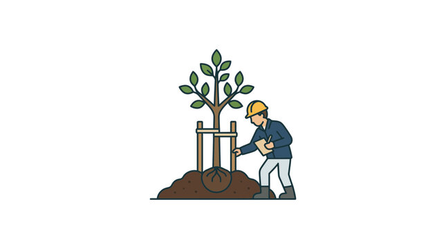Gardener planting a young tree, wearing hard hat, taking notes