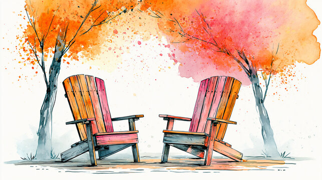 Two wooden chairs face each other under vibrant orange and pink autumn trees in a watercolor-style illustration with splattered paint effects.