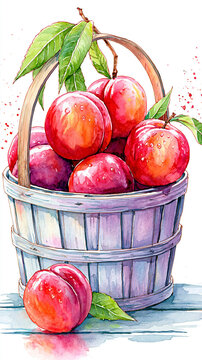 A watercolor illustration of ripe peaches in a wooden basket, with leaves and water droplets adding freshness and vibrancy to the composition.