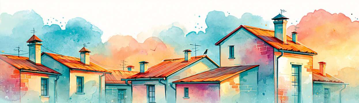 A vibrant watercolor painting depicting rustic houses with chimneys under a colorful sky.